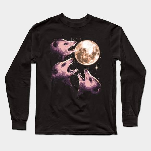 Three Opossums Howling at the Moon Funny Possum 3 Opossum Long Sleeve T-Shirt by vo_maria